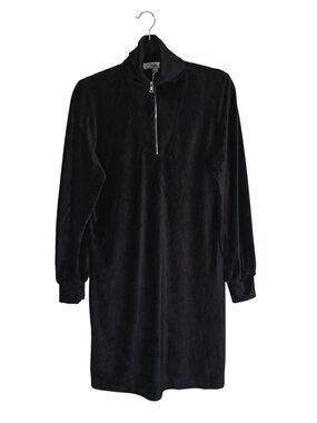 Chetta B Black Velour Long-Sleeve Tunic Dress Half-Zip Collar Size L